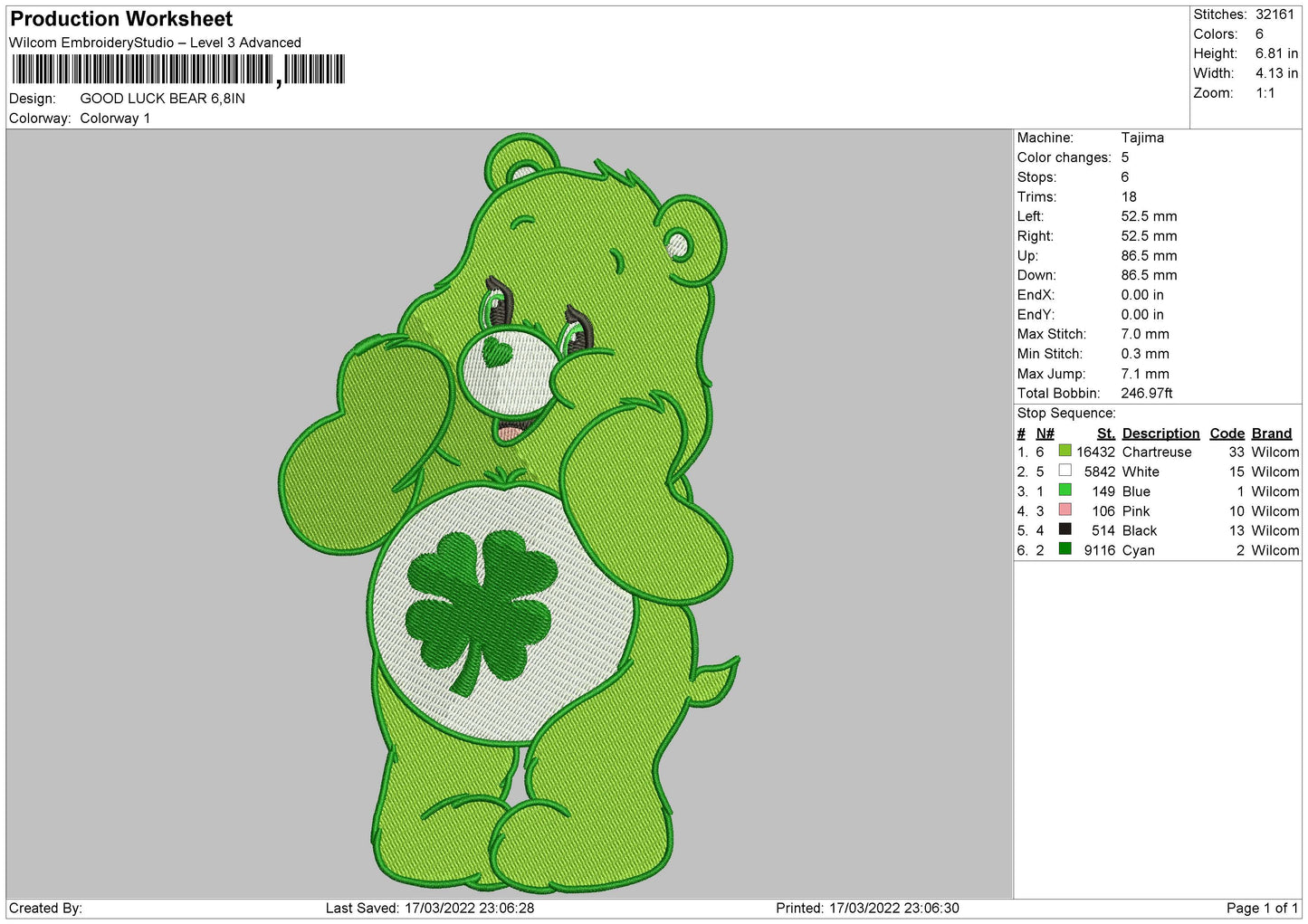 Good Luck Bear Embroidery File 4 size