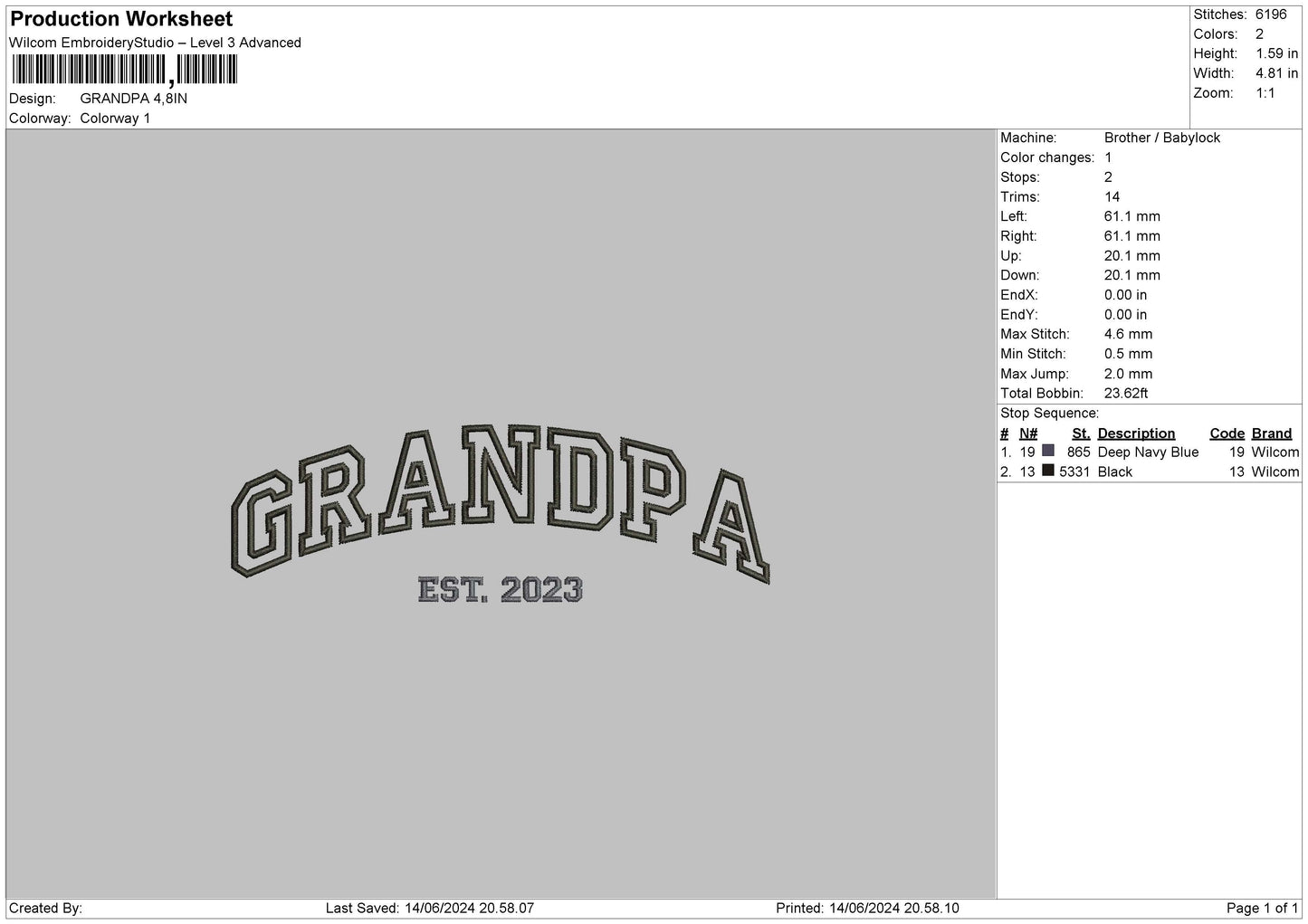 Grandpa Est23 Embroidery File 6 sizes