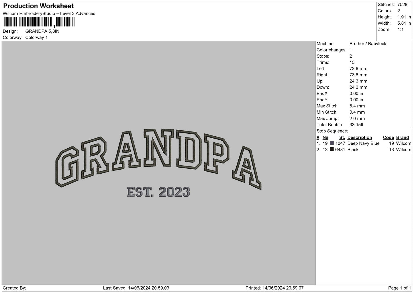 Grandpa Est23 Embroidery File 6 sizes