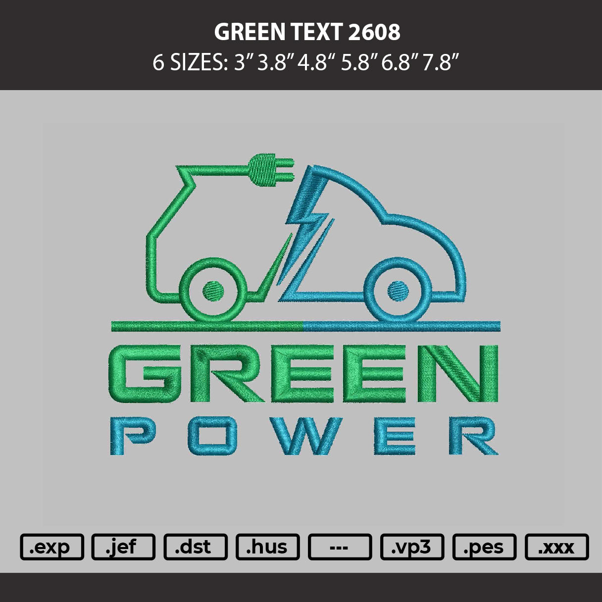 Green Text 2608 Embroidery Machine Design File 6 sizes