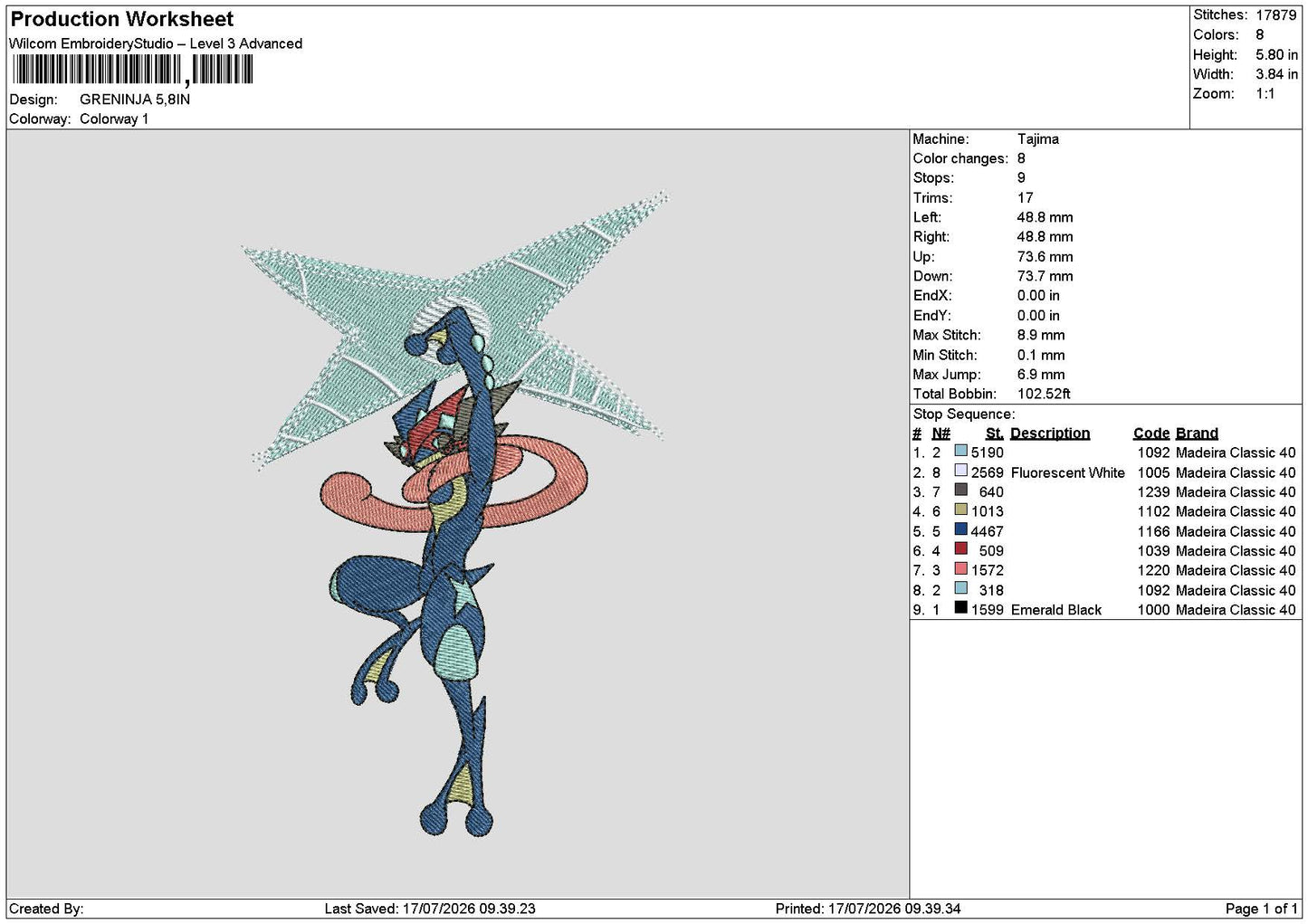 Greninja Pokemon Embroidery Machine Design File 6 sizes