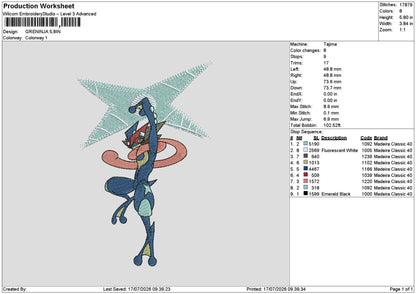 Greninja Pokemon Embroidery Machine Design File 6 sizes