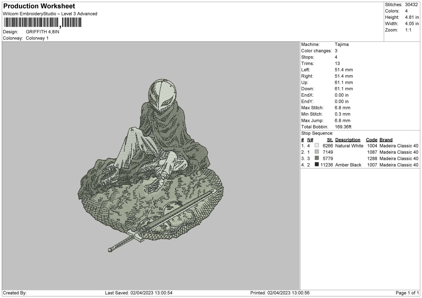 Griffith Embroidery File 6 sizes