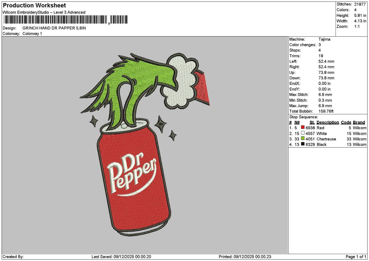 Grinch Hand0812 Embroidery File 6 sizes