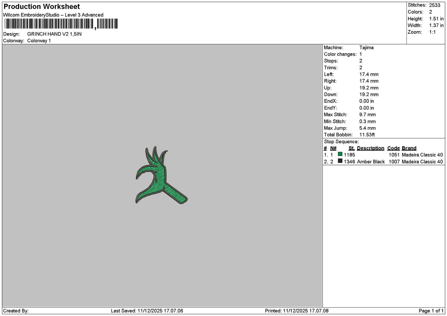 Grinch Hand 1012 Embroidery File 6 sizes