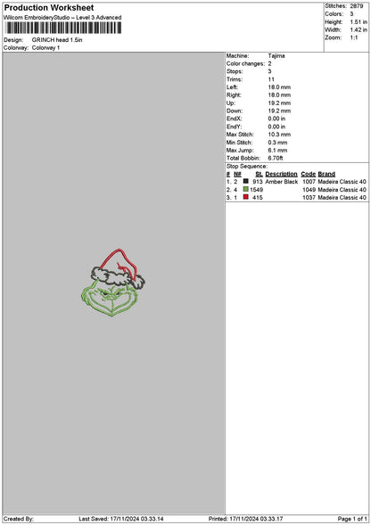 Grinch Head Small Embroidery File 6 sizes