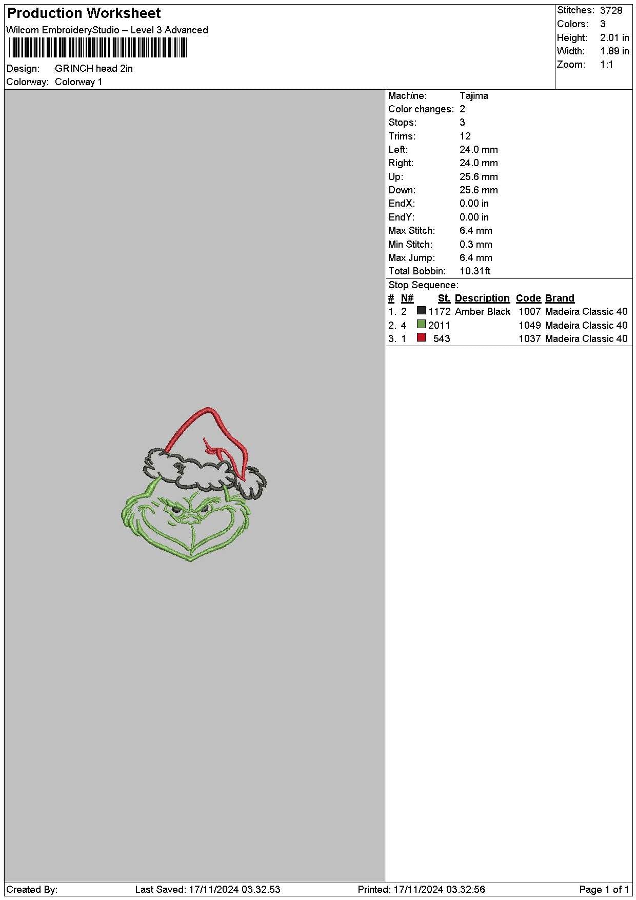 Grinch Head Small Embroidery File 6 sizes