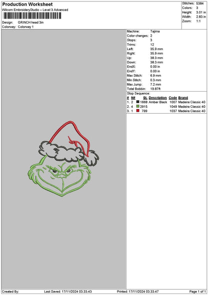 Grinch Head Small Embroidery File 6 sizes