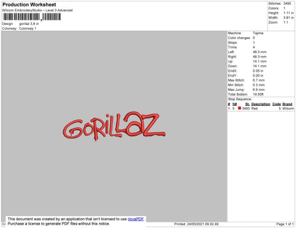 Gorillaz Text Embroidery File 4 size