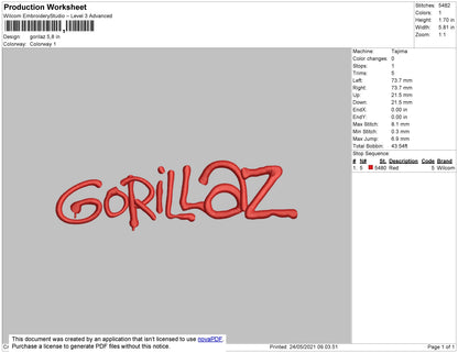 Gorillaz Text Embroidery File 4 size