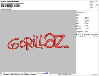 Gorillaz Text Embroidery File 4 size