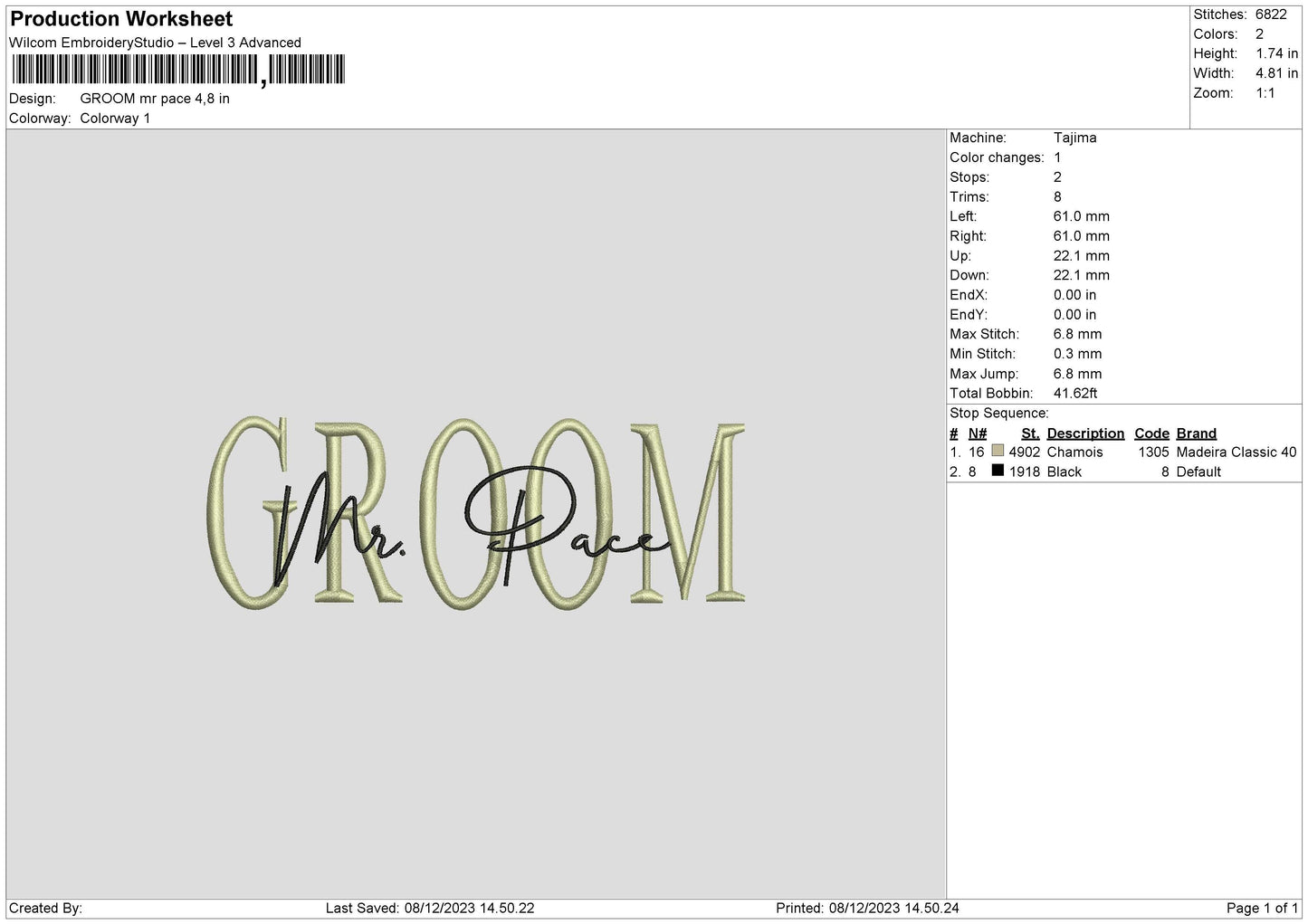 Mr Pace Embroidery File 6 sizes