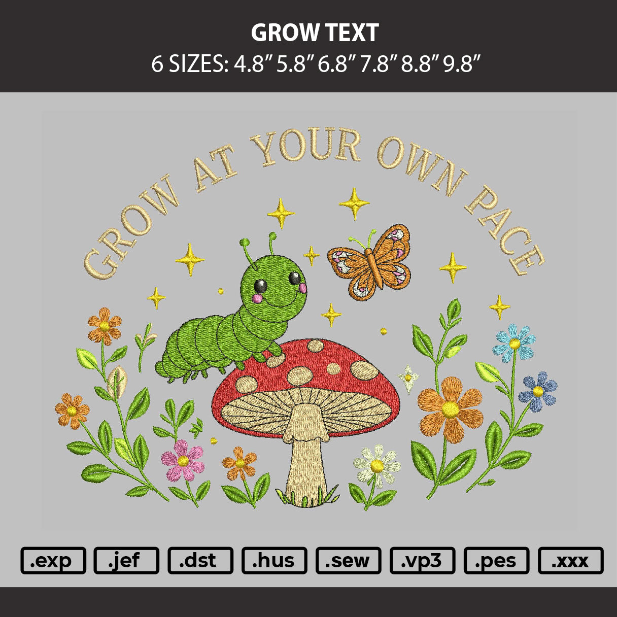Growtext Embroidery Machine Design File 6 sizes