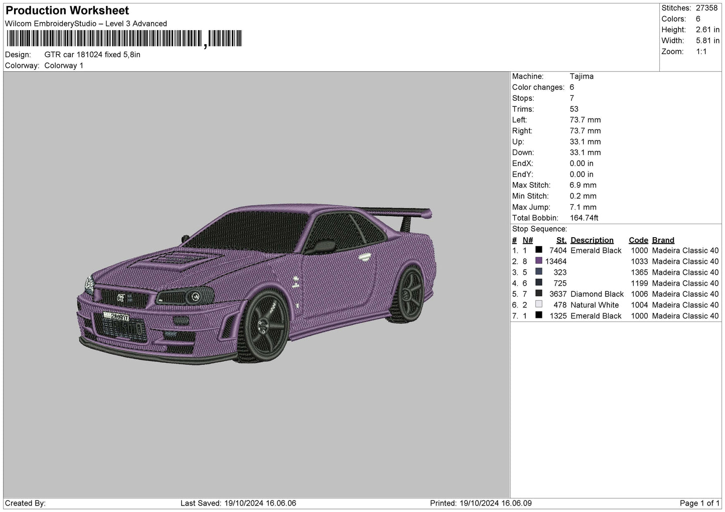 Car 1810a Embroidery File 6 sizes