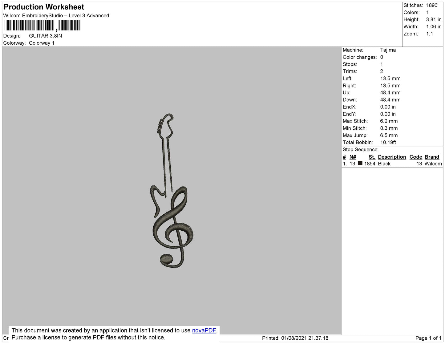 Guitar Embroidery File 4 size