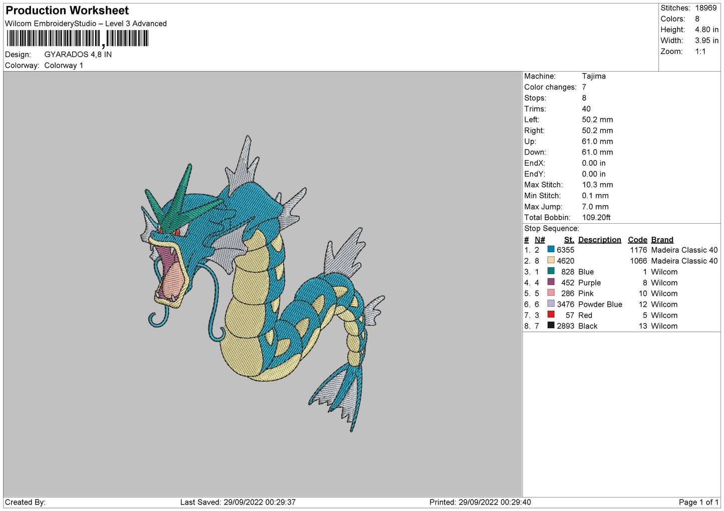 Gyarados Embroidery File 5 sizes