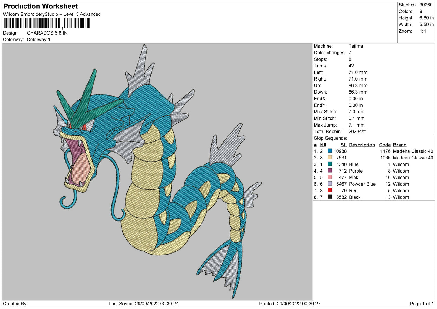 Gyarados Embroidery File 5 sizes