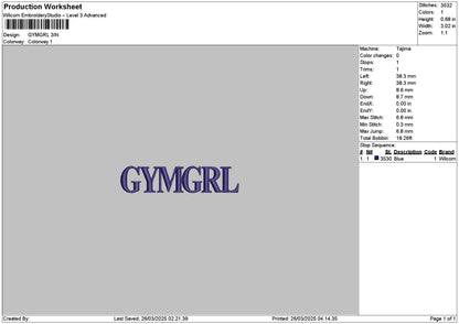 Gymgrltext Embroidery File 6 sizes