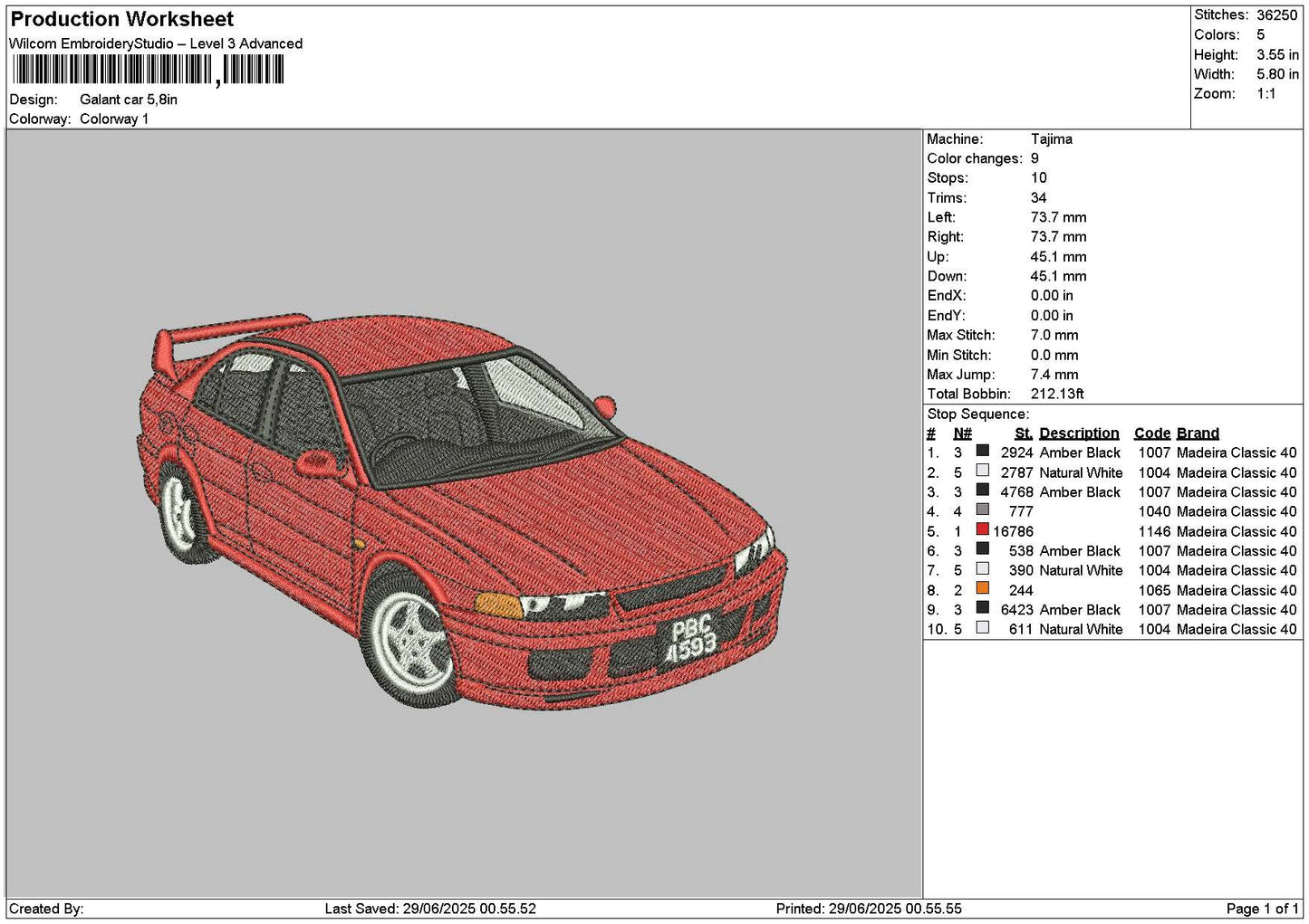Red Car 2806 Embroidery File 6 sizes