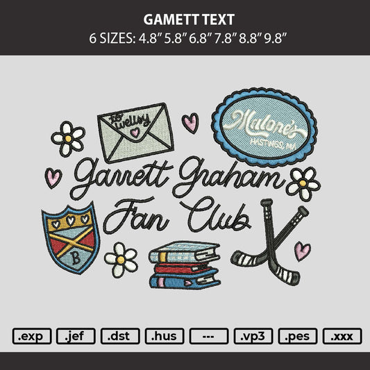 Gamett Text Embroidery Machine Design File 6 sizes
