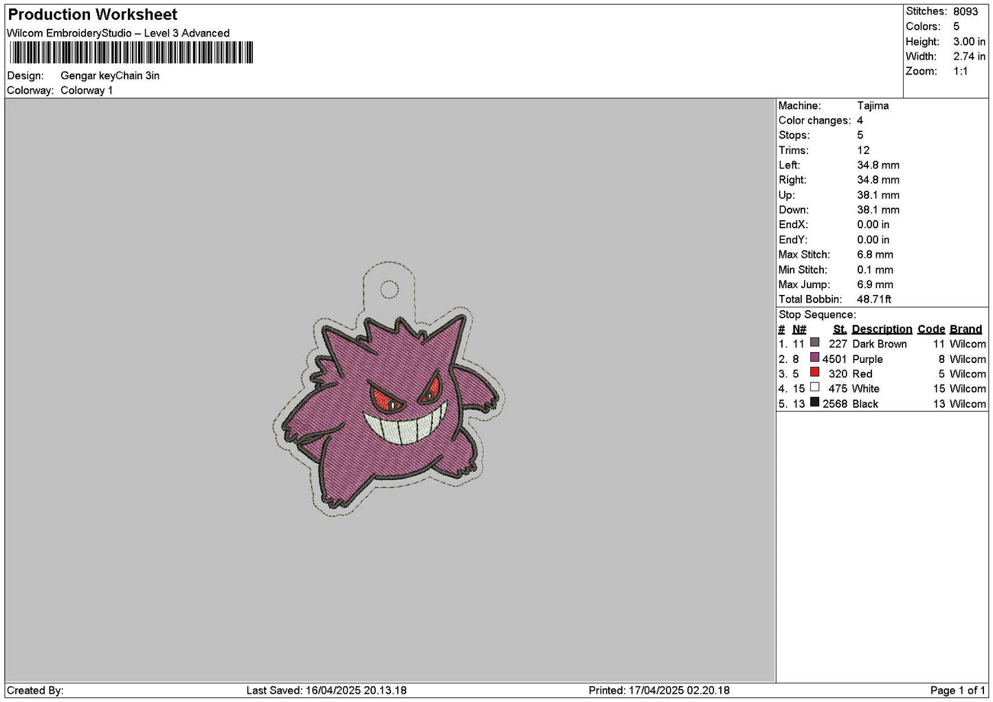 Gengar Keychain Embroidery File 6 sizes