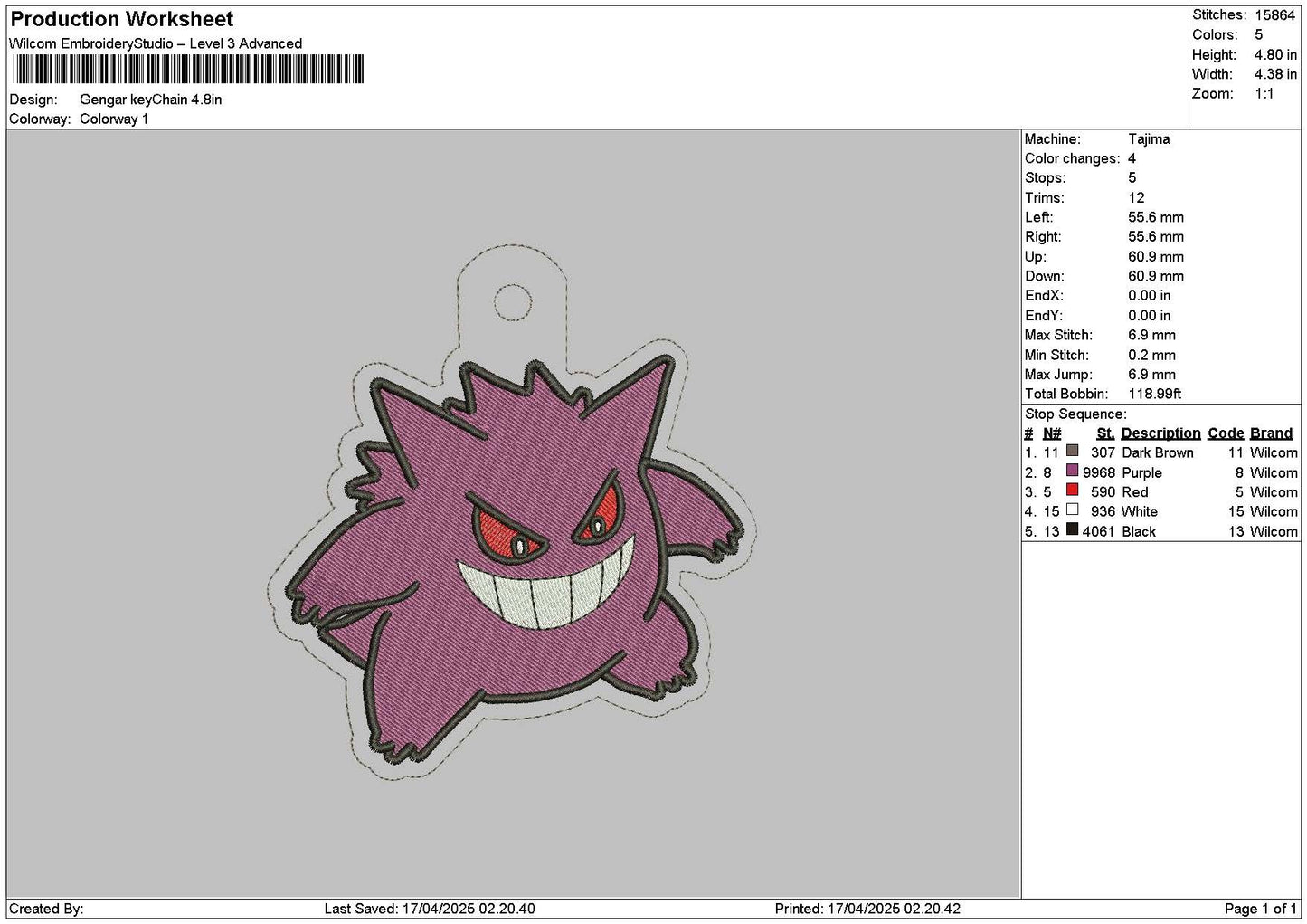 Gengar Keychain Embroidery File 6 sizes
