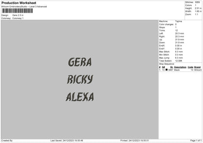 Gera Text Embroidery File 6 sizes