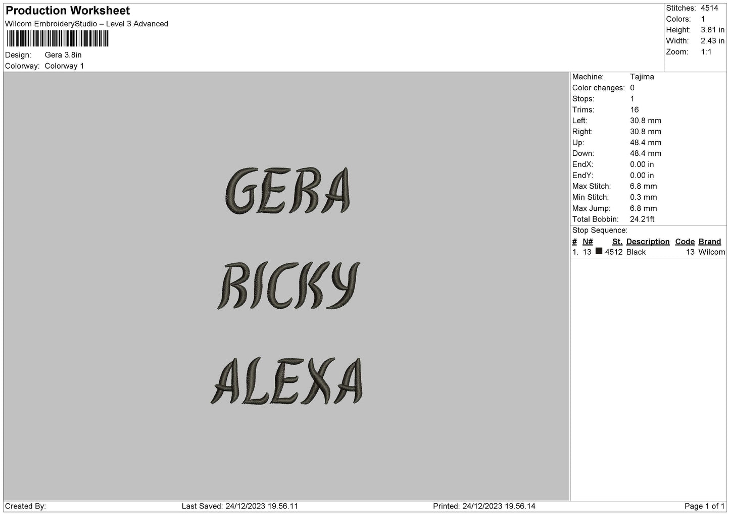 Gera Text Embroidery File 6 sizes