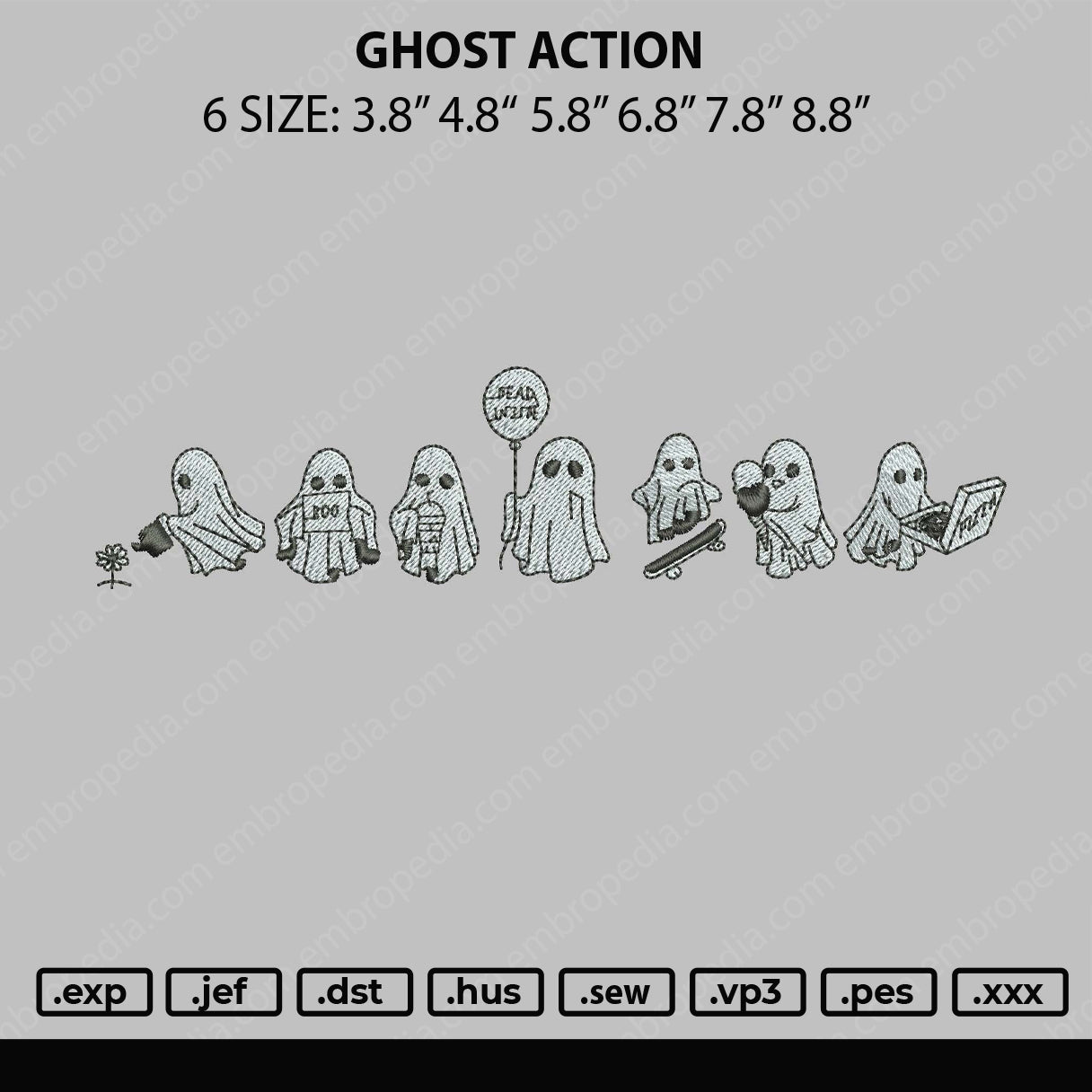 Ghost Action Embroidery file 6 sizes