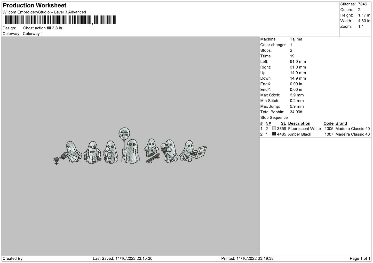 Ghost Action Embroidery file 6 sizes