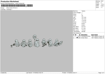 Ghost Action Embroidery file 6 sizes