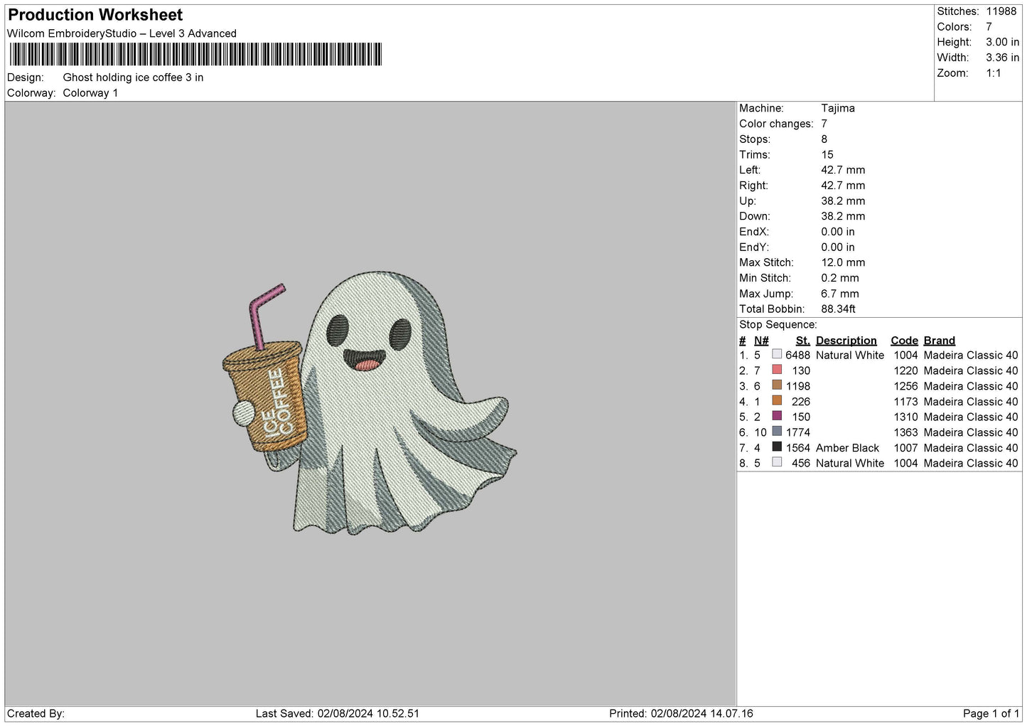 Ghost Ice Coffee Embroidery File 6 sizes