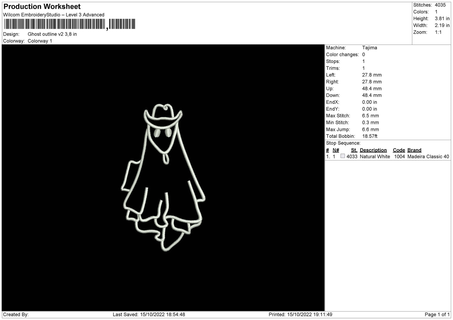 Ghost Outline V2 Embroidery File 6 sizes