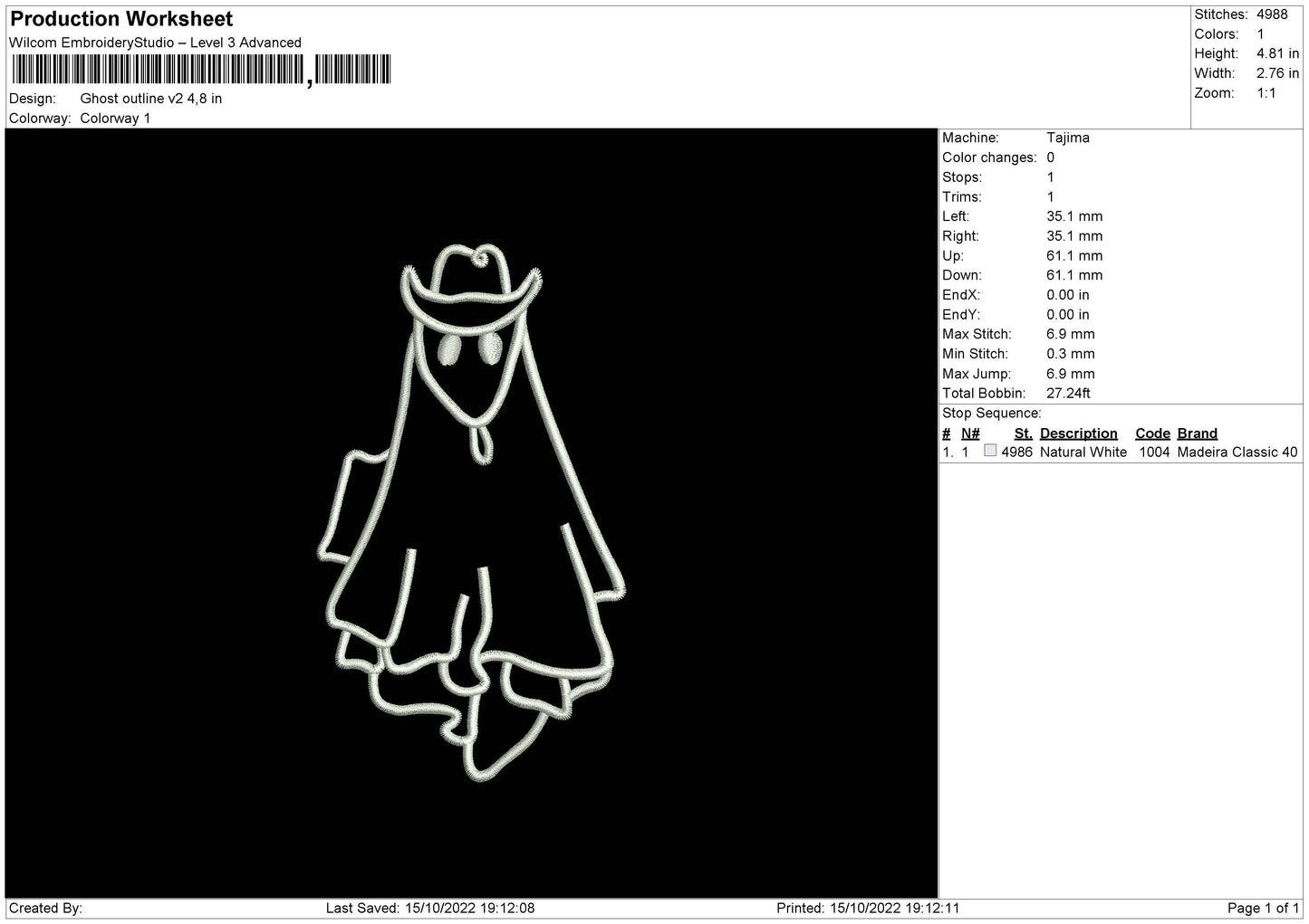 Ghost Outline V2 Embroidery File 6 sizes