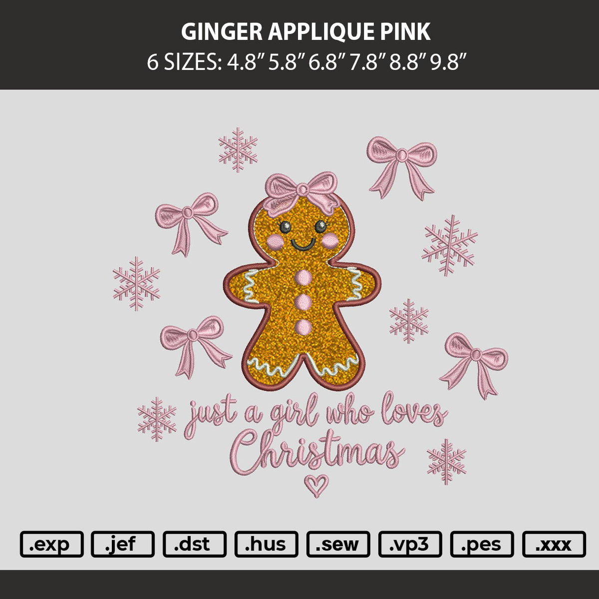 Ginger Applique Pink Embroidery Machine Design File 6 sizes