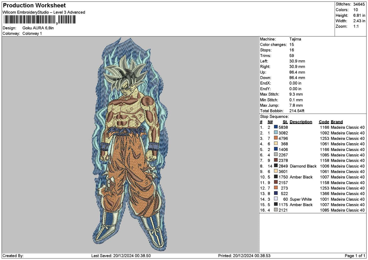 Goku 1912 Embroidery File 6 sizes