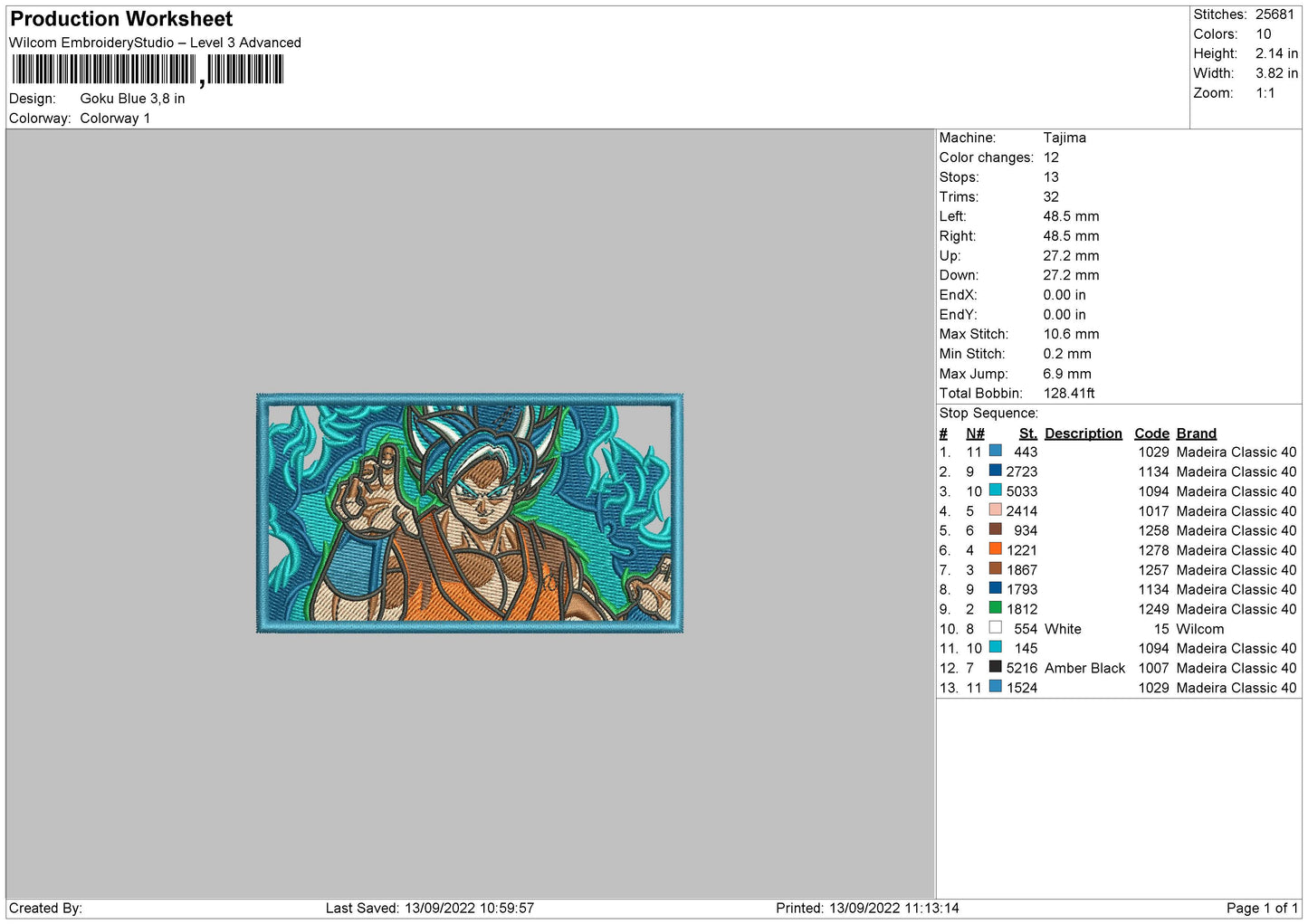 Goku Blue Embroidery File 5 sizes