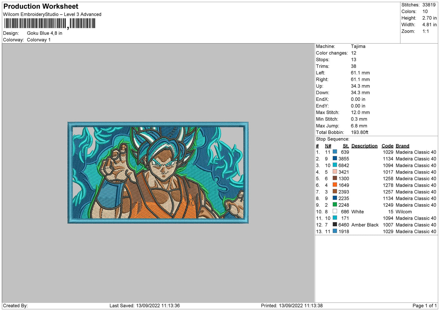 Goku Blue Embroidery File 5 sizes