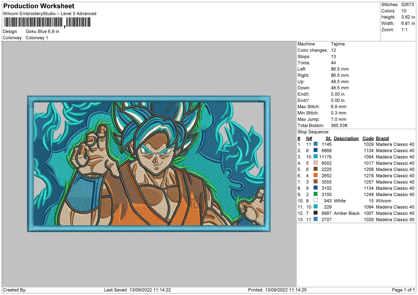 Goku Blue Embroidery File 5 sizes