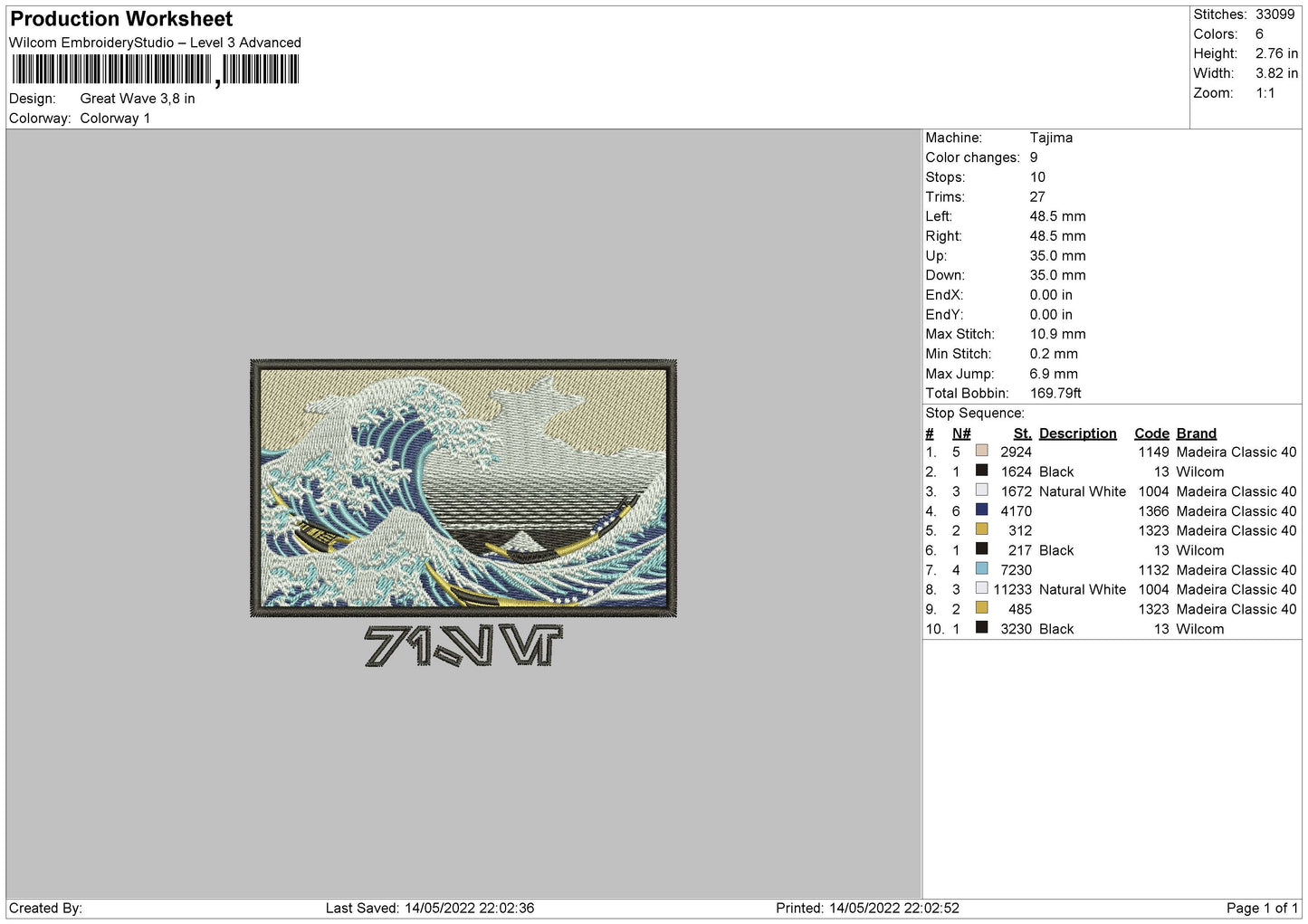 Great Wave Embroidery File 4 size