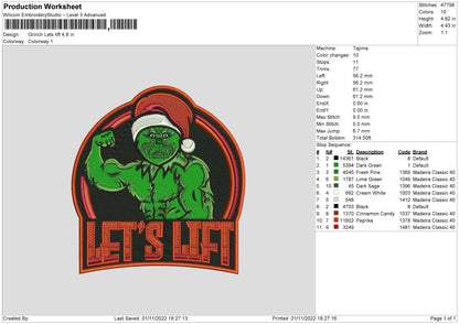 Grinch Lets Lift Embroidery File 6 sizes