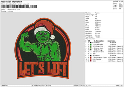 Grinch Lets Lift Embroidery File 6 sizes