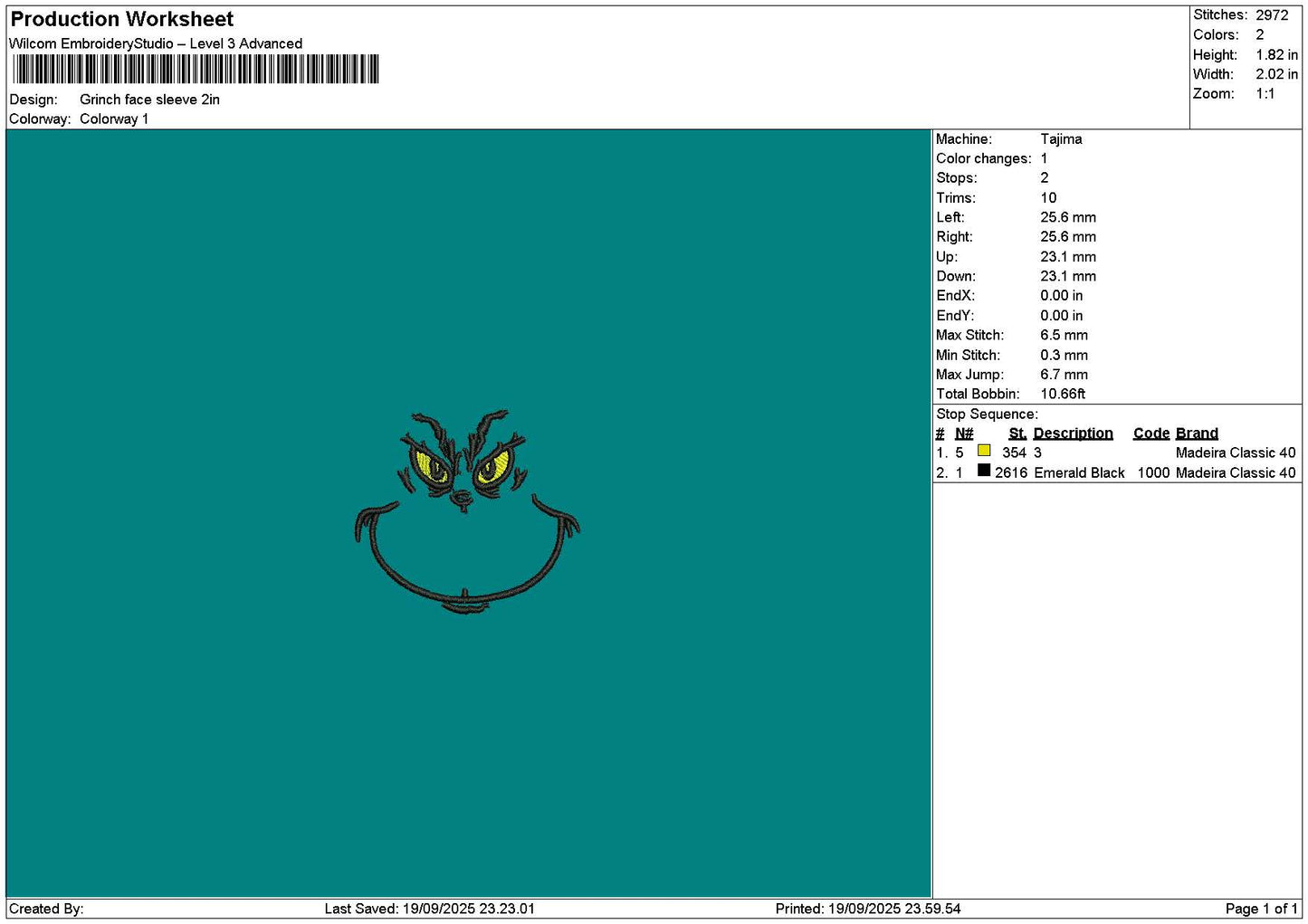 Grinchface 1909 Embroidery File 6 sizes