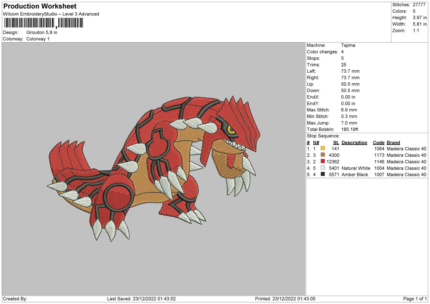Groudon Embroidery File 6 sizes