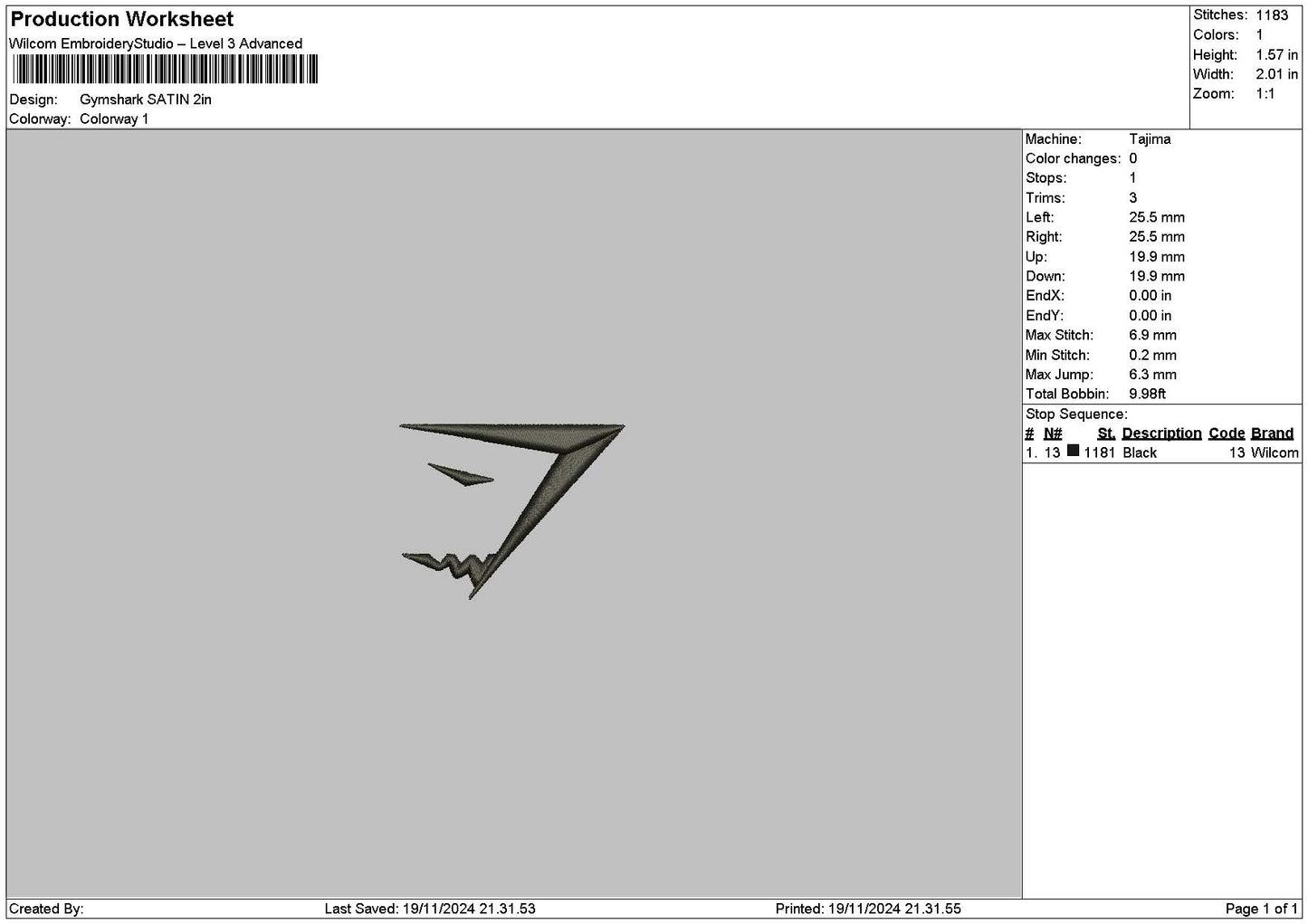 Shark Line Embroidery File 6 sizes