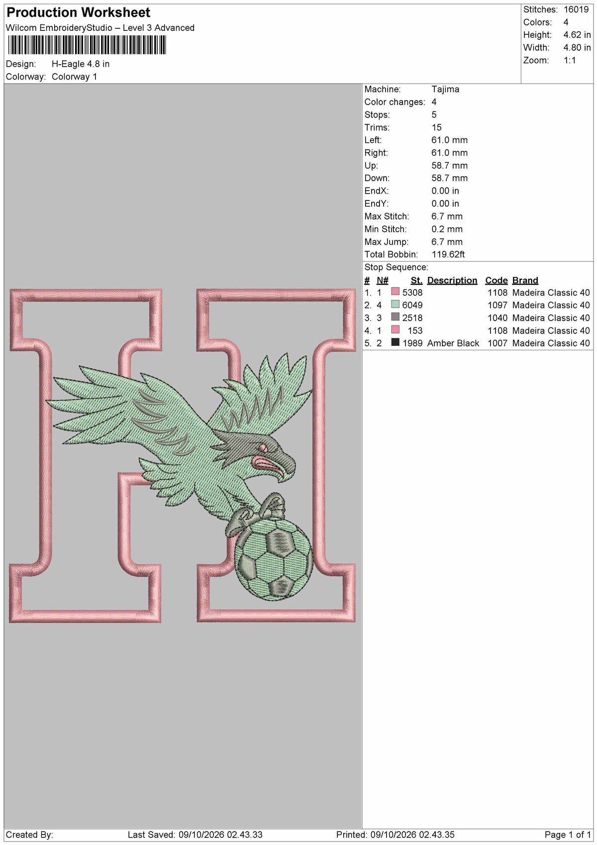 H Eagle Embroidery Machine Design File 6 sizes