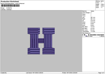 H Initial Embroidery File 6 sizes