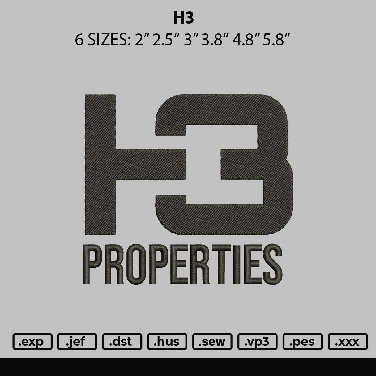 H3 Text Embroidery File 6 sizes