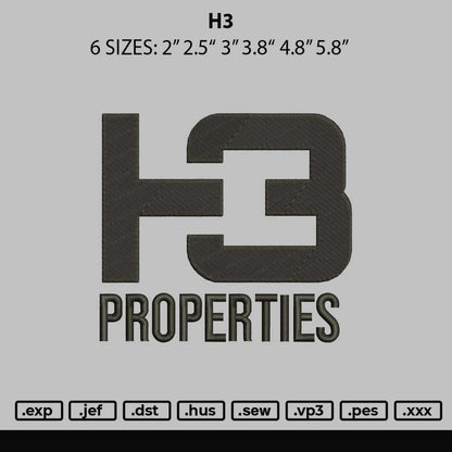 H3 Text Embroidery File 6 sizes