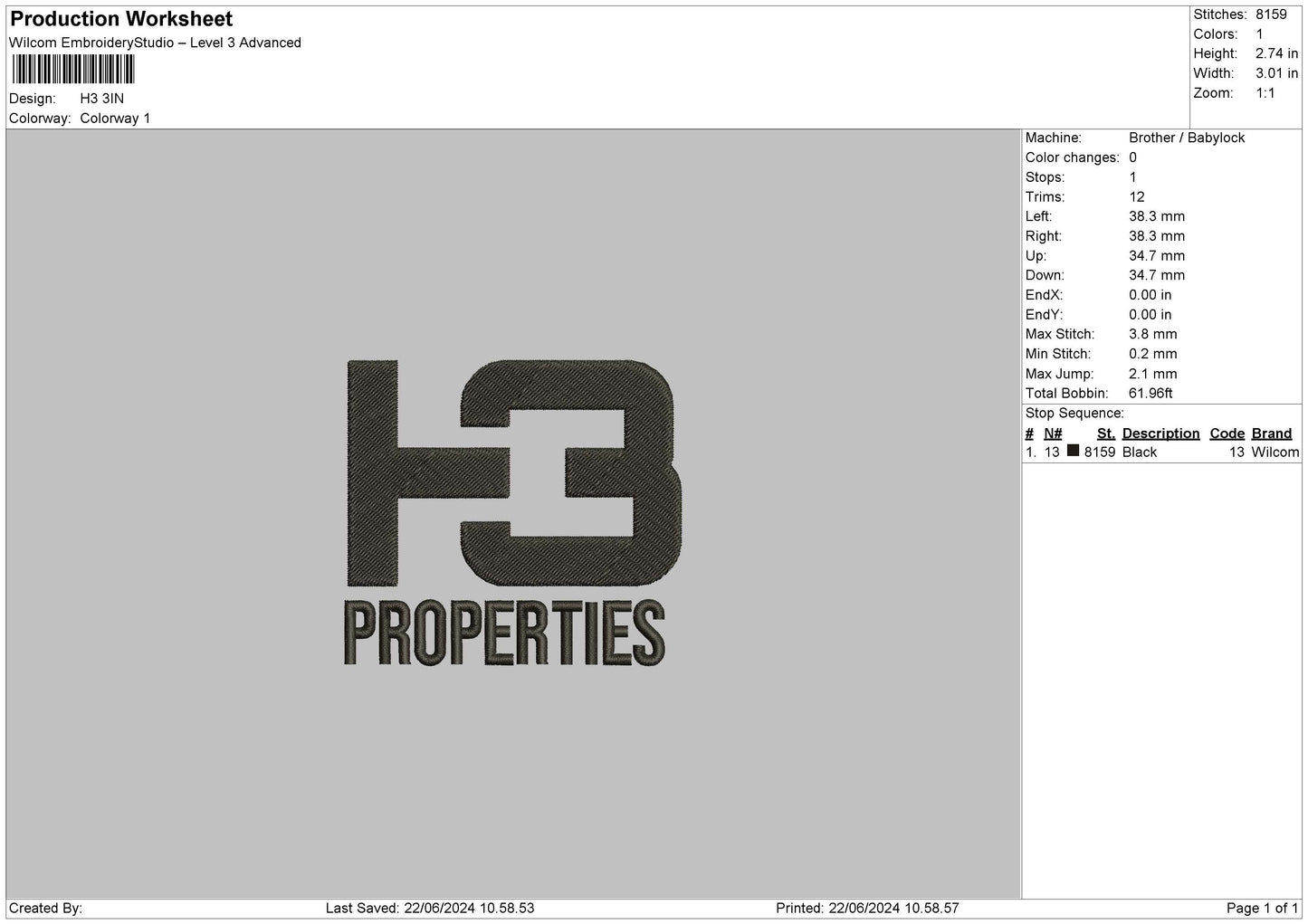H3 Text Embroidery File 6 sizes